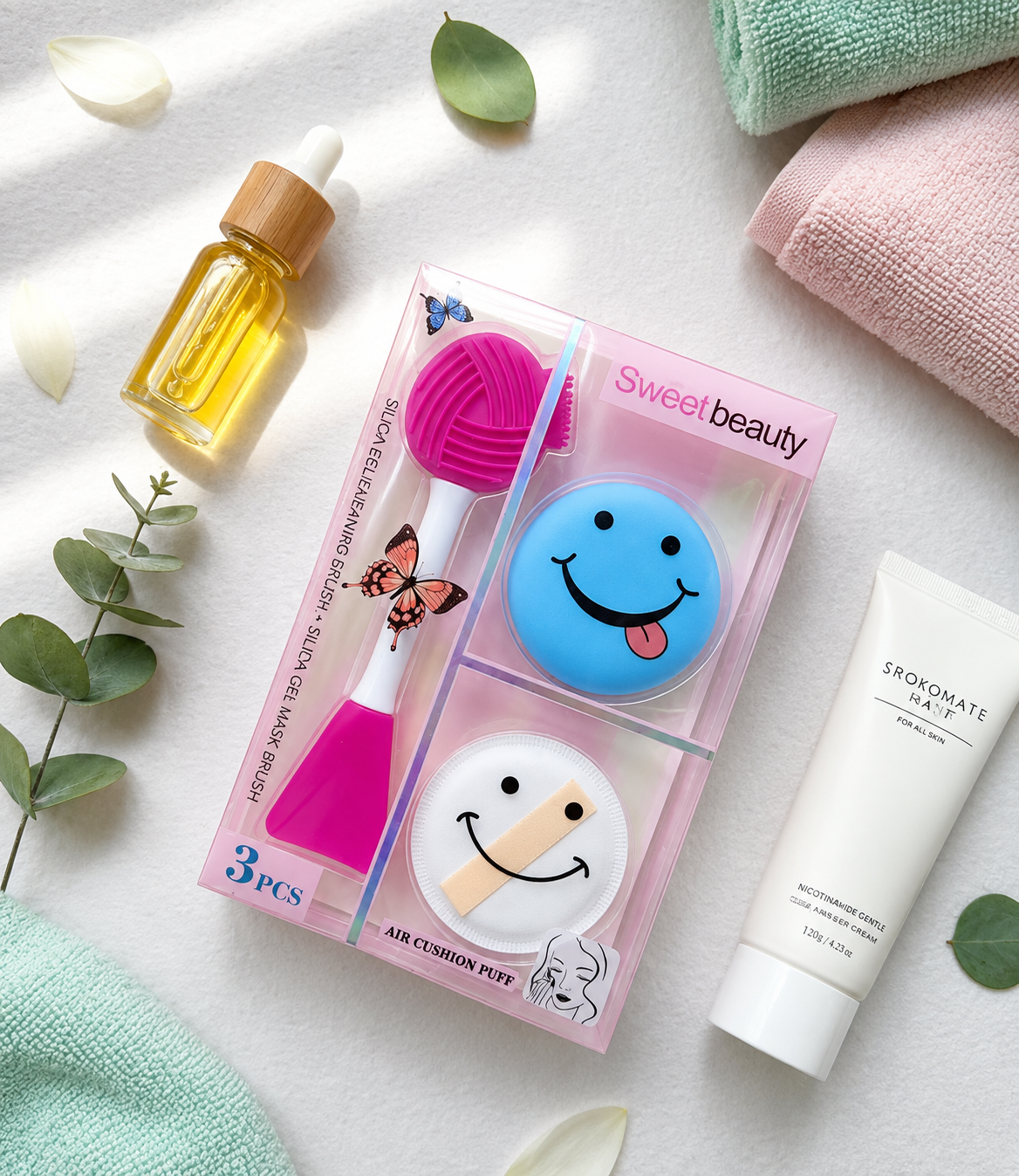 Sweet Beauty - 3-in-1 Silicone Gel Face Cleaning Makeup Puff Set